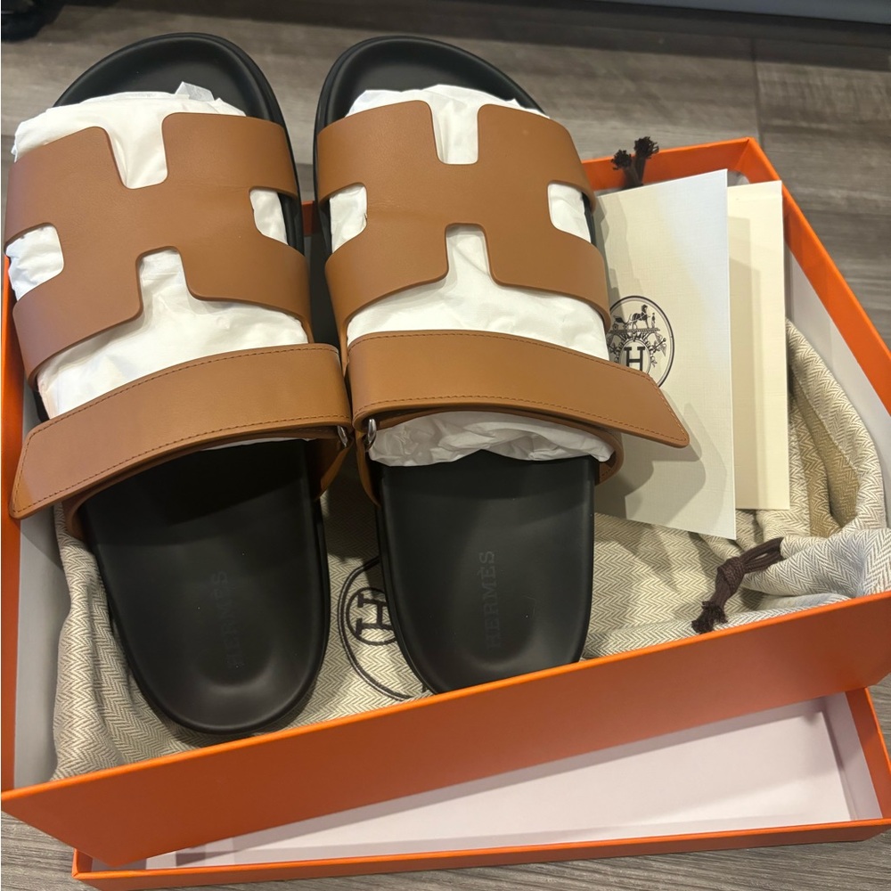 Hermes Chypre Sandals Size 38.5 Natural